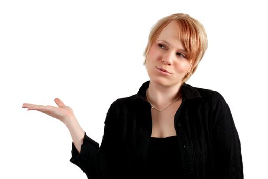 Strawberry Blond business woman holding perceived product