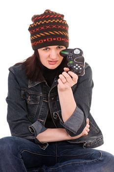 woman gamer with joystick isolated on white background