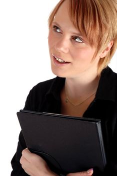 Strawberry Blond business woman holding a clipboard