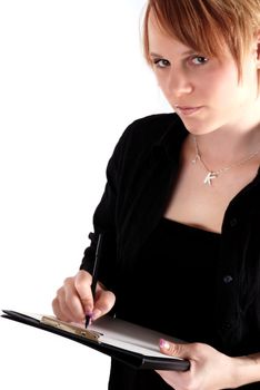 Strawberry Blond business woman holding a clipboard