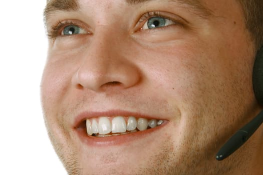 Young businessman wearing a headset on white