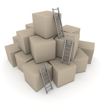 a pile of cardboard boxes - three grey glossy ladders are used to climb to the top