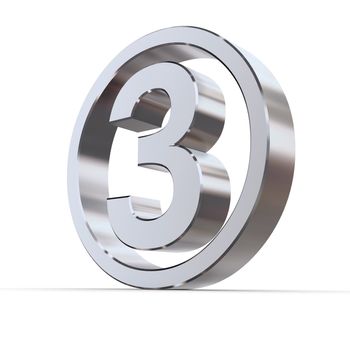 shiny 3d number 3 made of silver/chrome in a metallic circle