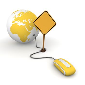 yellow computer mouse is connected to a yellow globe - surfing and browsing is blocked by a yellow warning sign that cuts the cable - sign as an empty template for your own text