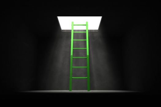 green shiny ladder in the middle of a dark room leads out to the light