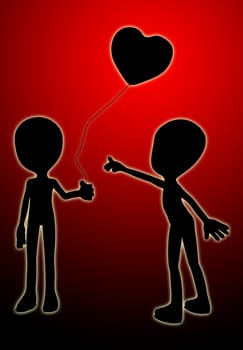 A cartoon silhouette pointing at a balloon in the shape of a love heart. 