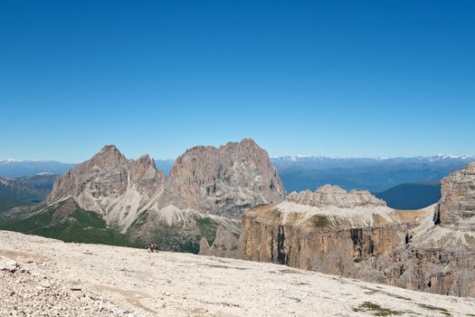 Summer view from Saas Pordoi of italian Dolomites in val di fassa with Sassolungo - Langkofel mount