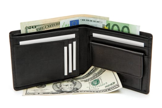 Black wallet with business cards and banknotes on white background