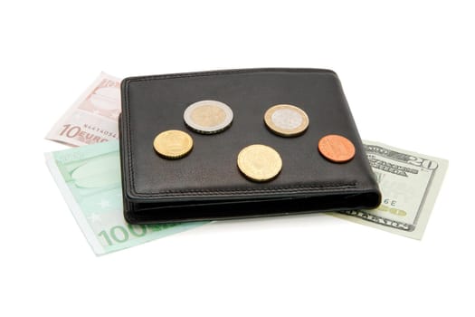 Black wallet, banknotes and coins on white background