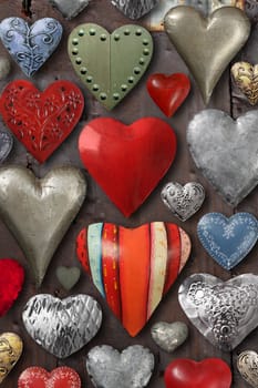 Background of heart-shaped things made of metal and steel.