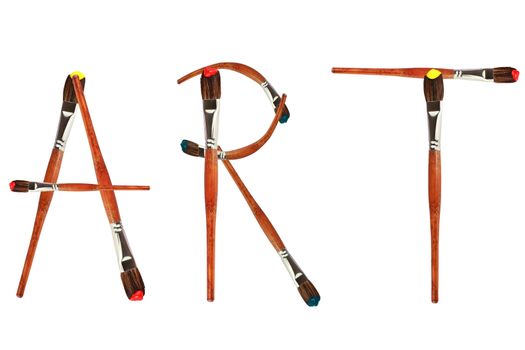 Isolated paintbrushes form the word art against a white background.