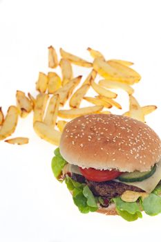 hamburger and french fries isolated on white