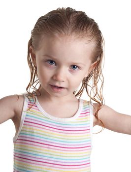 An isolation of a cool girl.  She is wearing a striped shirt and very happy.