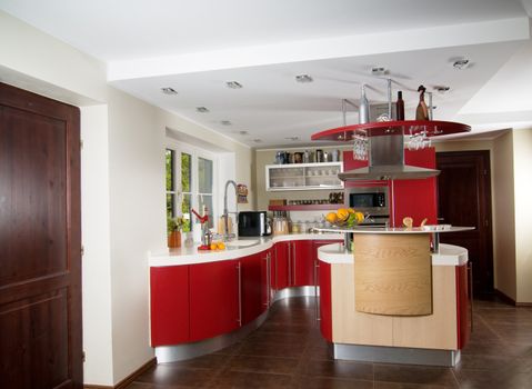 Shot of beautiful red modern kitchen, interior