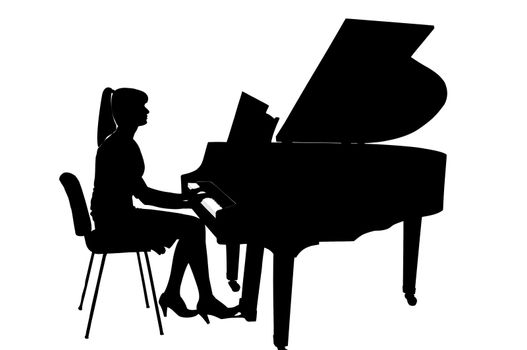  silhouette of a girl playing the piano on a white background