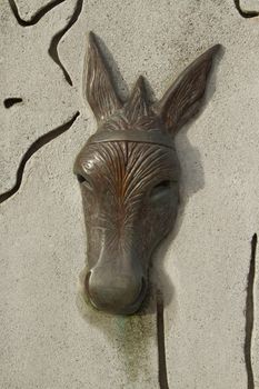 The metal head of a donkey, cast in bronze attached to a concrete wall with grooved lines.