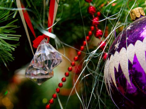 Christmas composition with ball,  crystal, red beads