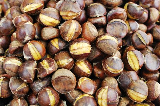 Close-up view of fried chestnuts in autumn
