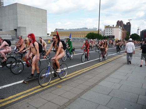 A protest on London's Blackfriars bridge featuring naked cyclists taken on the 13th June 2009.