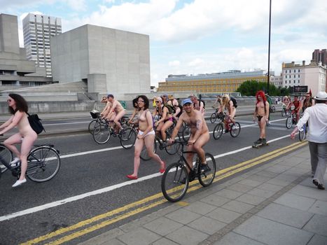A protest on London's Blackfriars bridge featuring naked cyclists taken on the 13th June 2009.