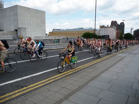 A protest on London's Blackfriars bridge featuring naked cyclists taken on the 13th June 2009.
