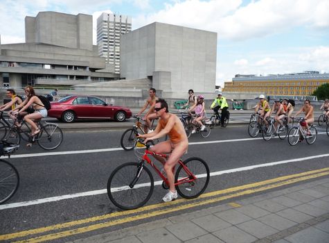A protest on London's Blackfriars bridge featuring naked cyclists taken on the 13th June 2009.