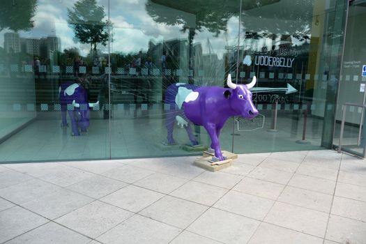 Promotional item in the shape of a cow for the E4 Udderbelly taken on the 13th June 2009, outside the Royal Festival Hall in London.