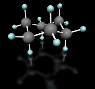 3D molecular model of cyclohexane in chair conformation  with label on white background