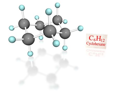 3D molecular model of cyclohexane in chair conformation  with label on white background