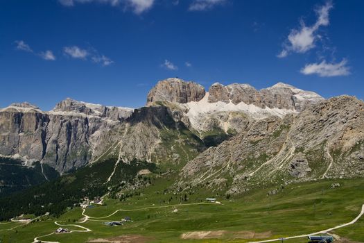 Summer view of Sella montain in italian dolomiti