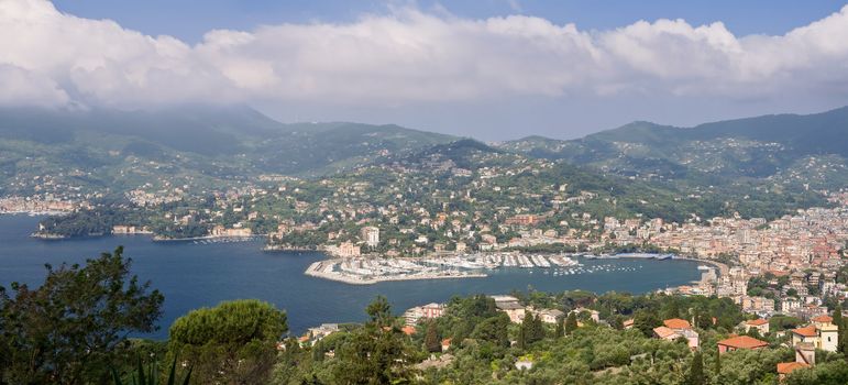 Aerial view of gulf of tigullio with tha marina and the town of Rapallo, Italy. Photo taken with polarizer filter