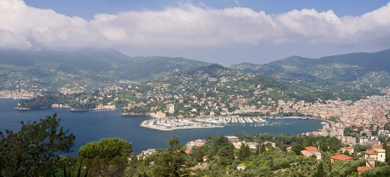 Aerial view of gulf of tigullio with tha marina and the town of Rapallo, Italy. Photo taken with polarizer filter