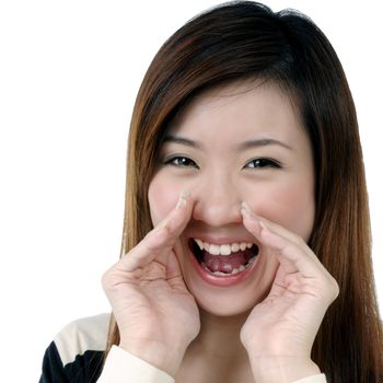 Portrait of a beautiful young woman screaming out loud, over white background.