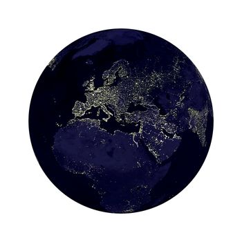 Earth globe with Europe lights showing on white background. Some components of this image are provided courtesy of NASA, and have been found at visibleearth.nasa.gov