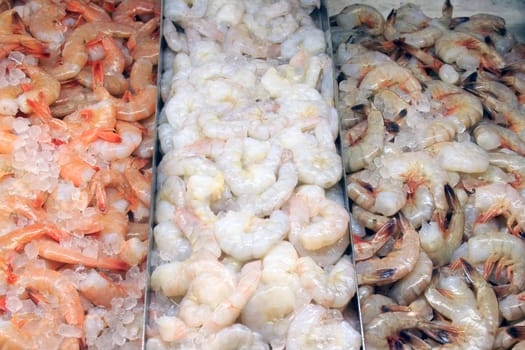 A selection of shrimp at a fish market