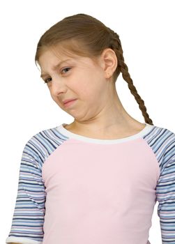 Girl make a wry face on the white background