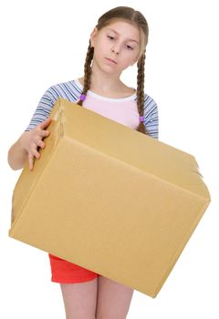 Teeneger girl hold cardboard box on the white