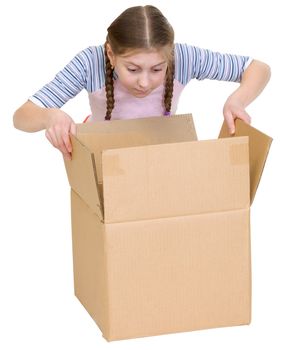 Girl with surprise glance at cardboard box
