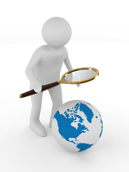 Man with magnifier on white background. Isolated 3D image
