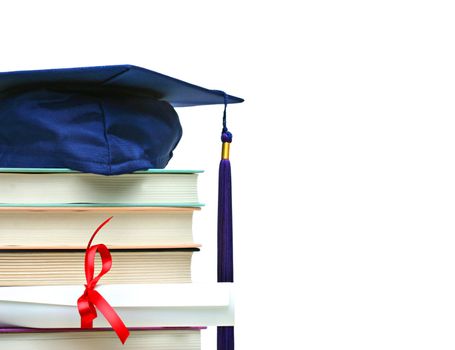 Stack of books with cap and diploma on white background