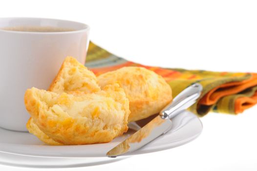 Fresh baked cheese tea biscuits served with coffee.