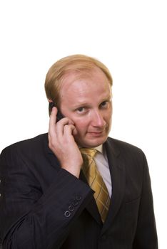 Businesman speeking on the phone on white background