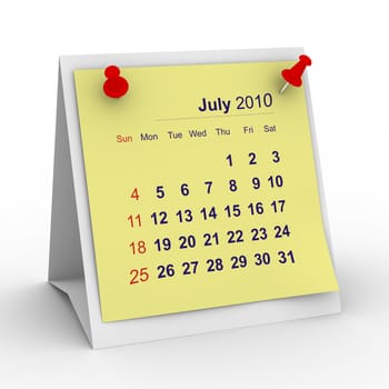 2010 year calendar. July. Isolated 3D image