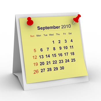 2010 year calendar. September. Isolated 3D image