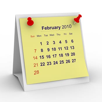 2010 year calendar. February. Isolated 3D image
