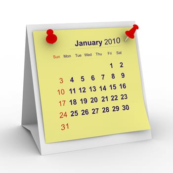 2010 year calendar. January. Isolated 3D image