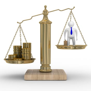 Cashes and businessman on weights. Isolated 3D image