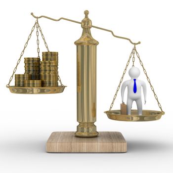 Cashes and businessman on weights. Isolated 3D image