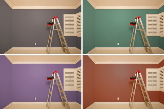 Set of Empty Rooms Painted in Variety of Colors with Ladder, Rollers and Tray.