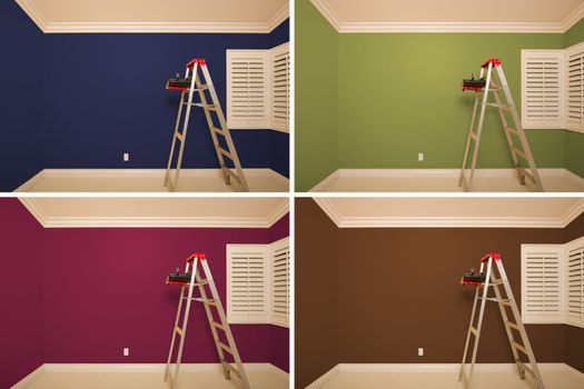 Set of Empty Rooms Painted in Variety of Colors with Ladder, Rollers and Tray.